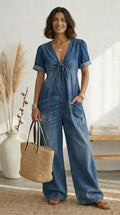 Lola | Tuta Blu con Scollo a V e Gamba Ampia