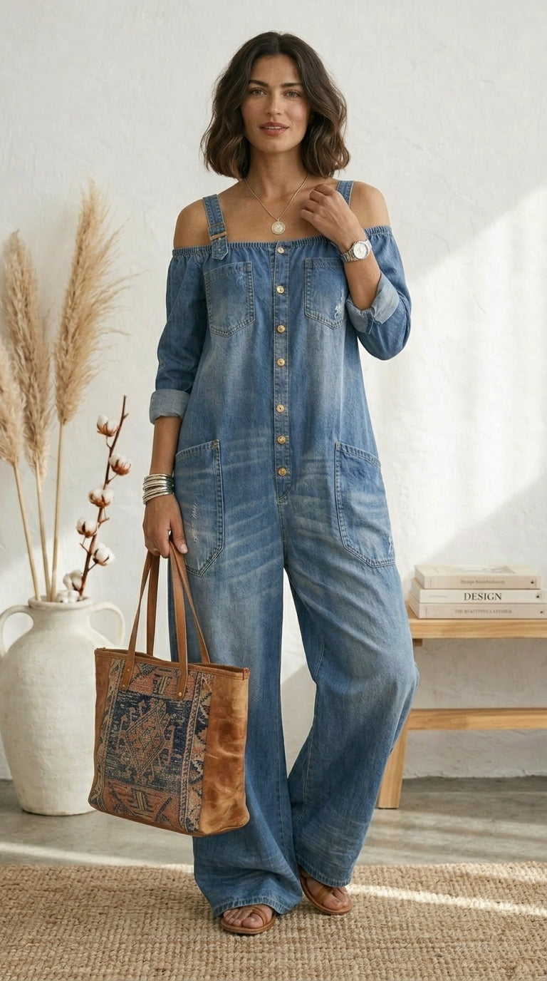 Ruth | Tuta Blu Off-Shoulder a Gamba Larga