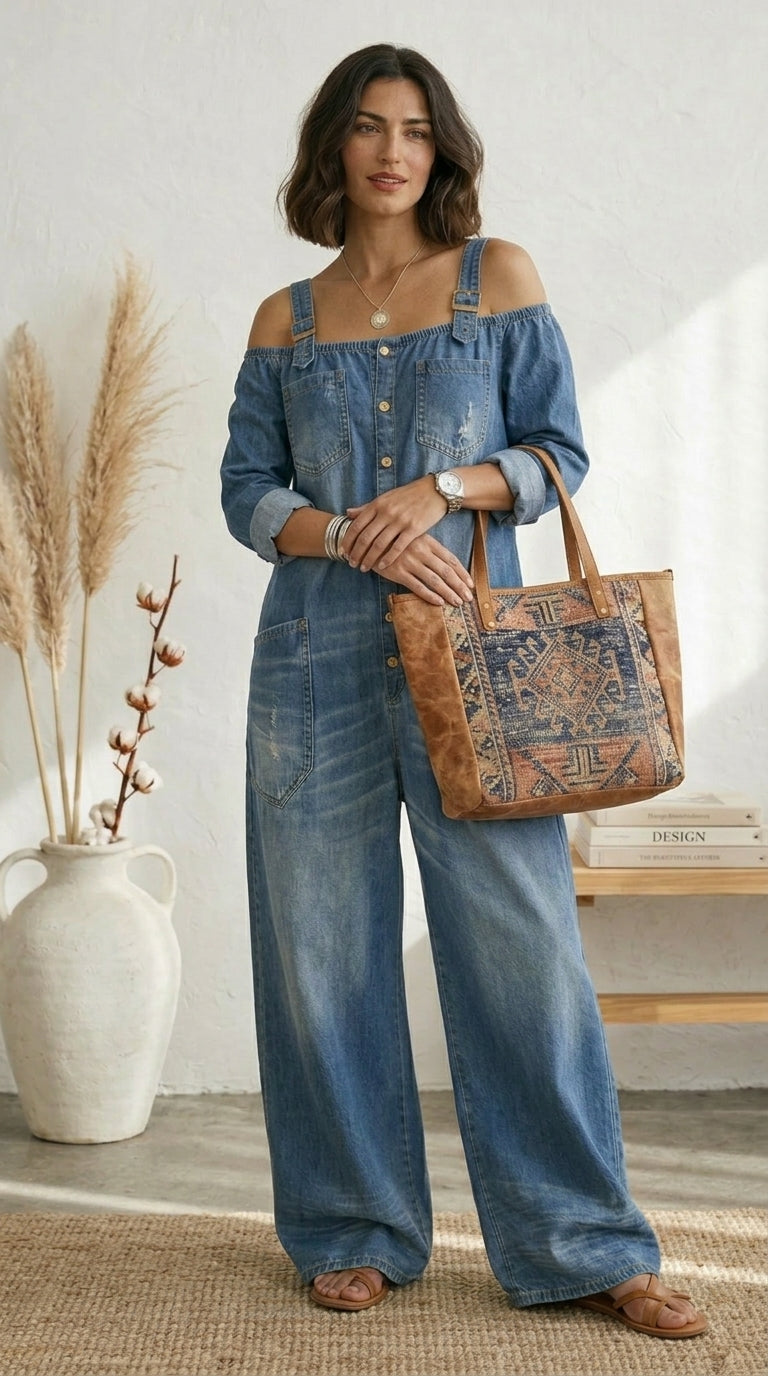 Ruth | Tuta Blu Off-Shoulder a Gamba Larga