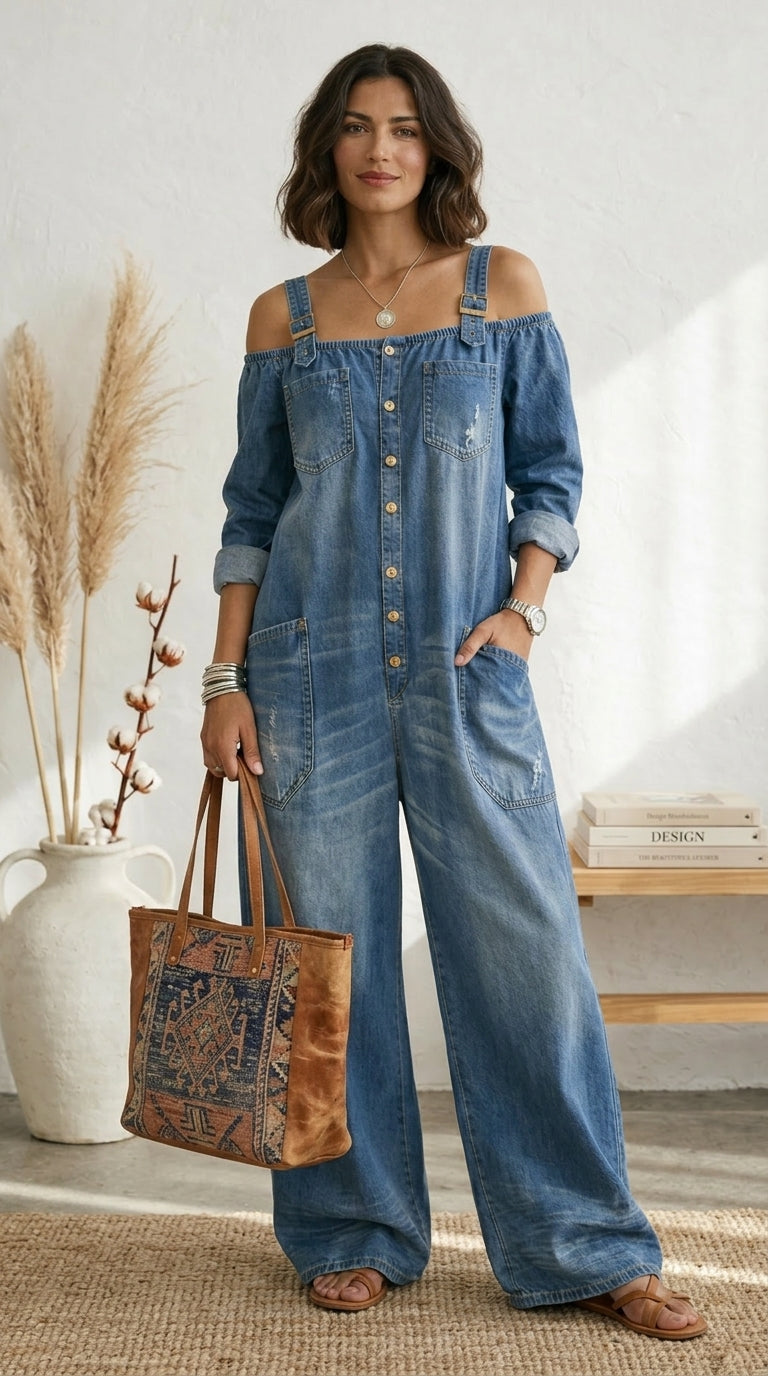 Ruth | Tuta Blu Off-Shoulder a Gamba Larga