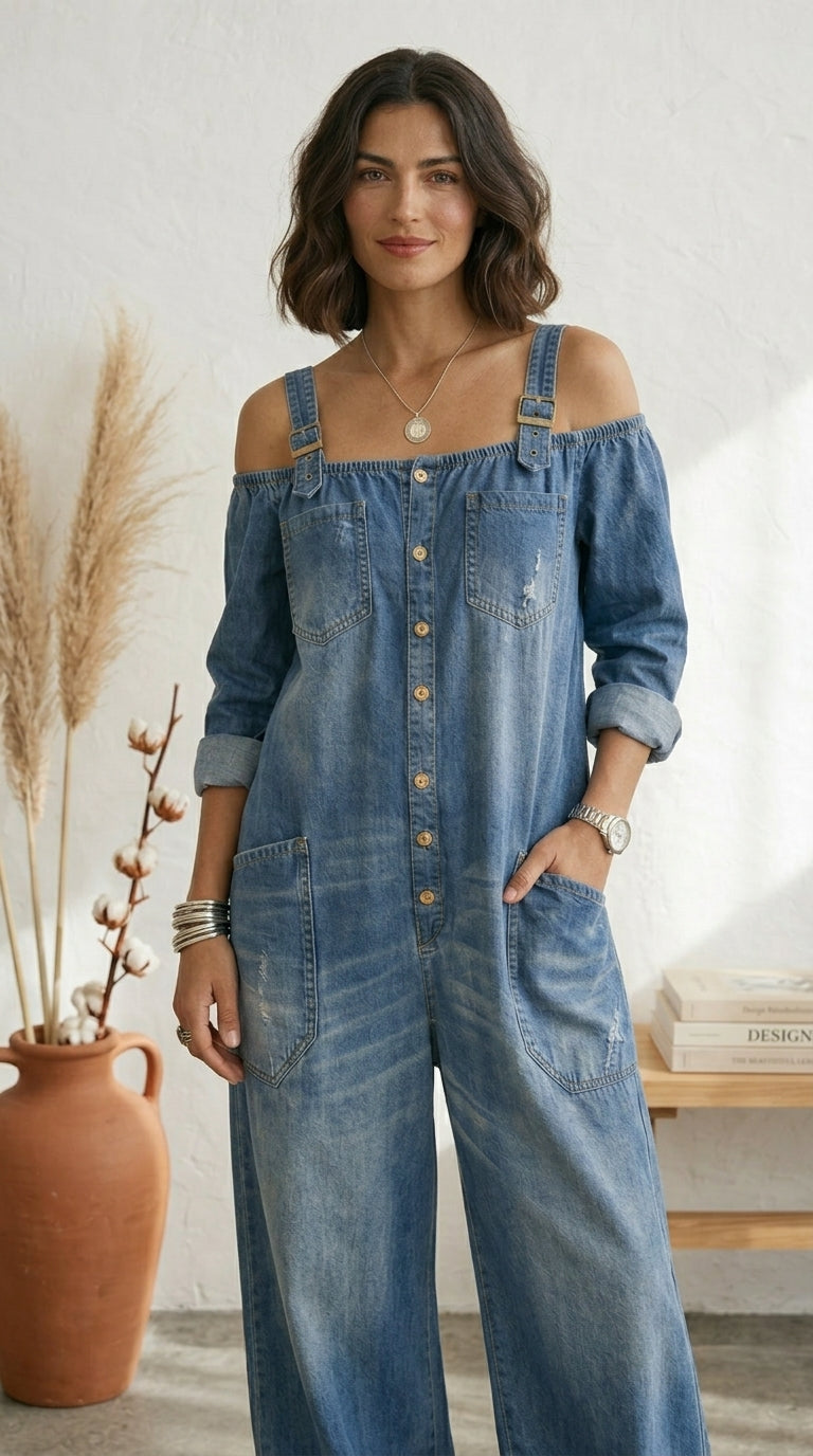 Ruth | Tuta Blu Off-Shoulder a Gamba Larga