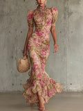 Fiora ∙ Abito lungo con stampa vintage a rose e maniche a sbuffo