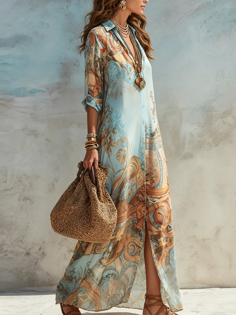 Luisa | Abito lungo chemisier mediterraneo